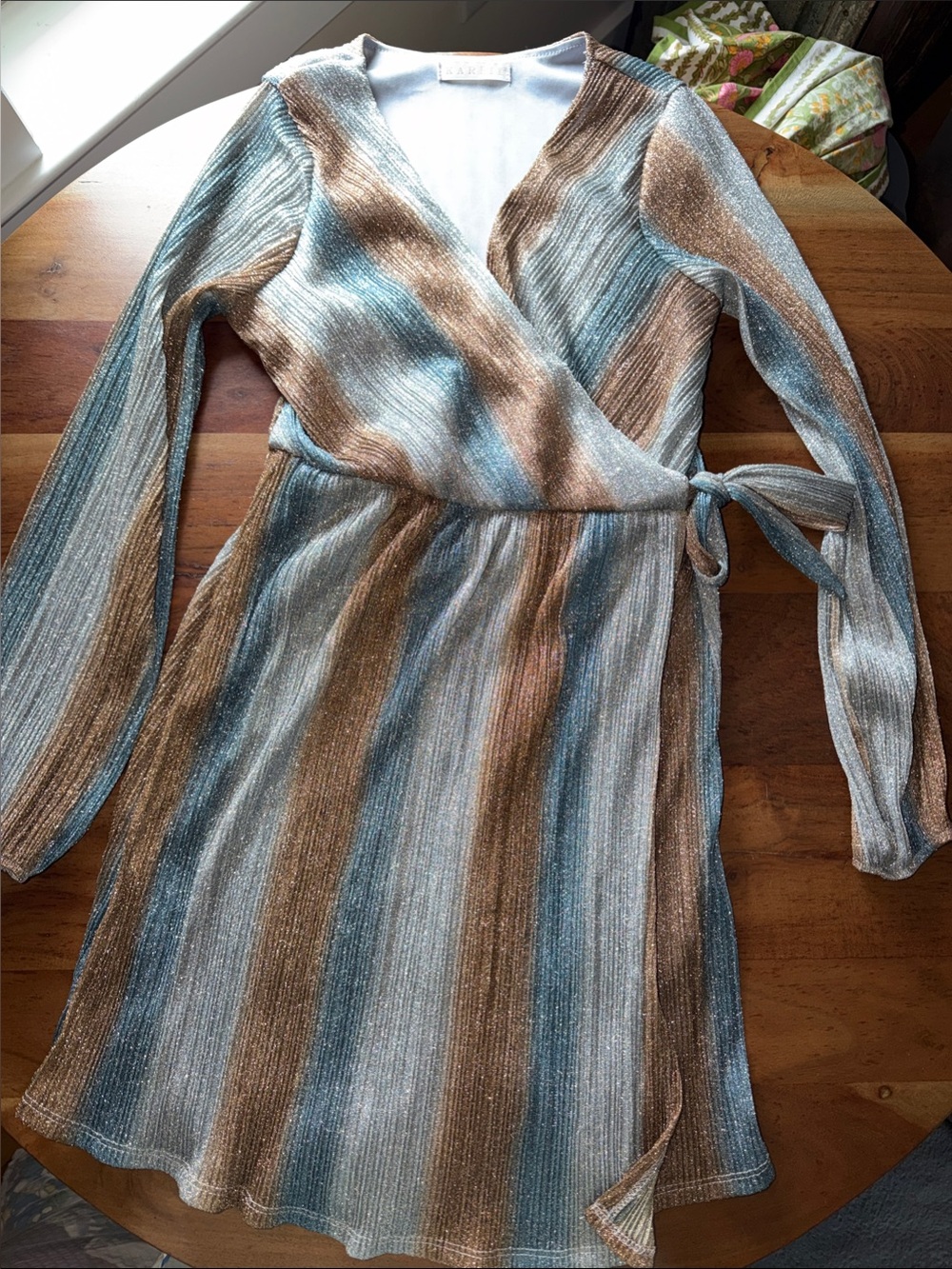 Karlie Shimmery Blue and Brown Striped Wrap Dress